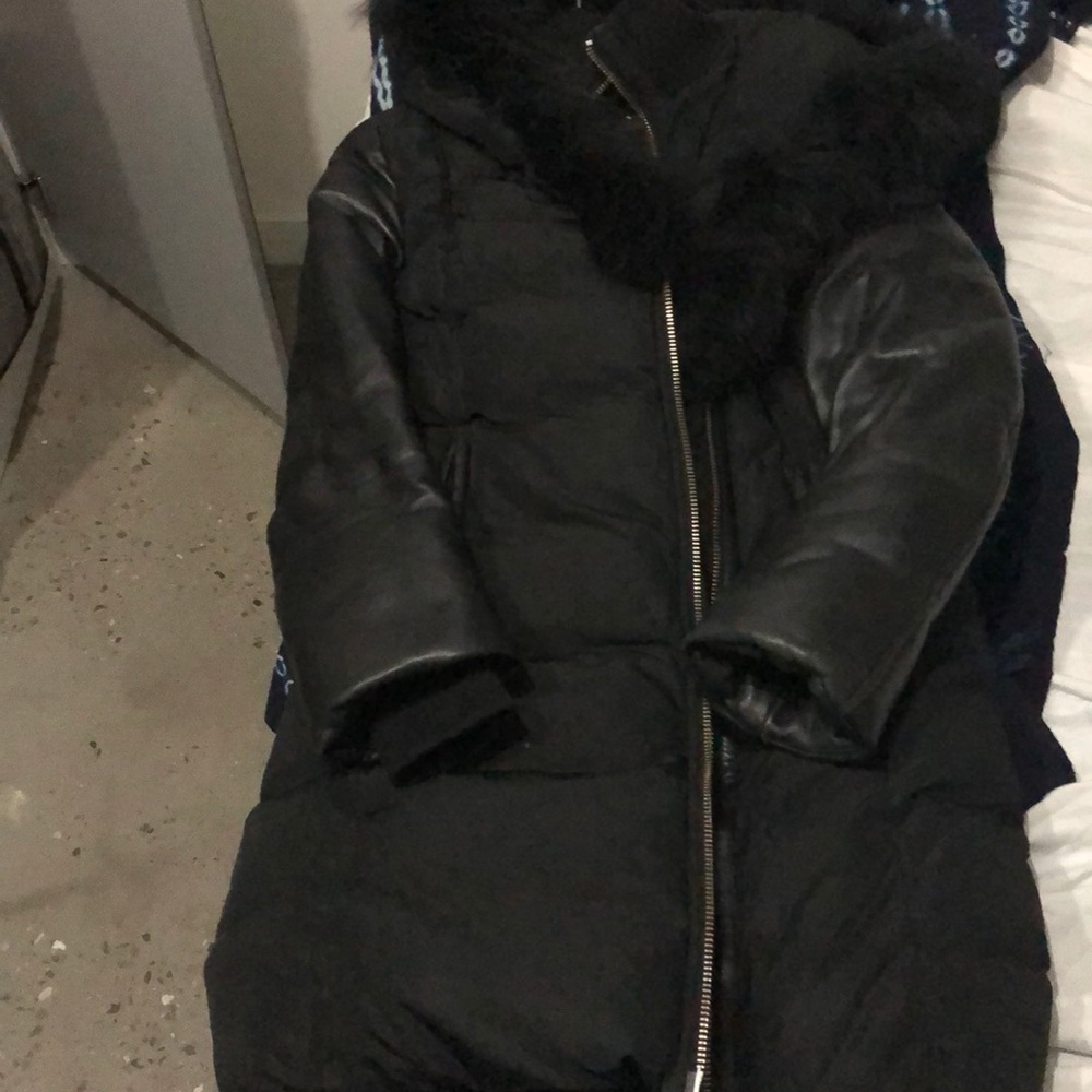 Mackage black down coat with leather sleeves